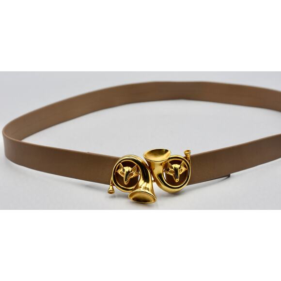 Vintage DOTTY SMITH BUCKLE & Leather Belt Fox Head & French Horn Fox Gold Tone main image 4